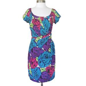 BETSEY JOHNSON Retro Bright Floral Silk Sheath Dress Size 6 Pink Purple Blue
